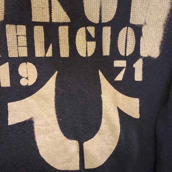 True Religion Y2K Branded Stencil Raglan Hoodie Navy Blue Bling Logo Size L - Picture 14 of 14